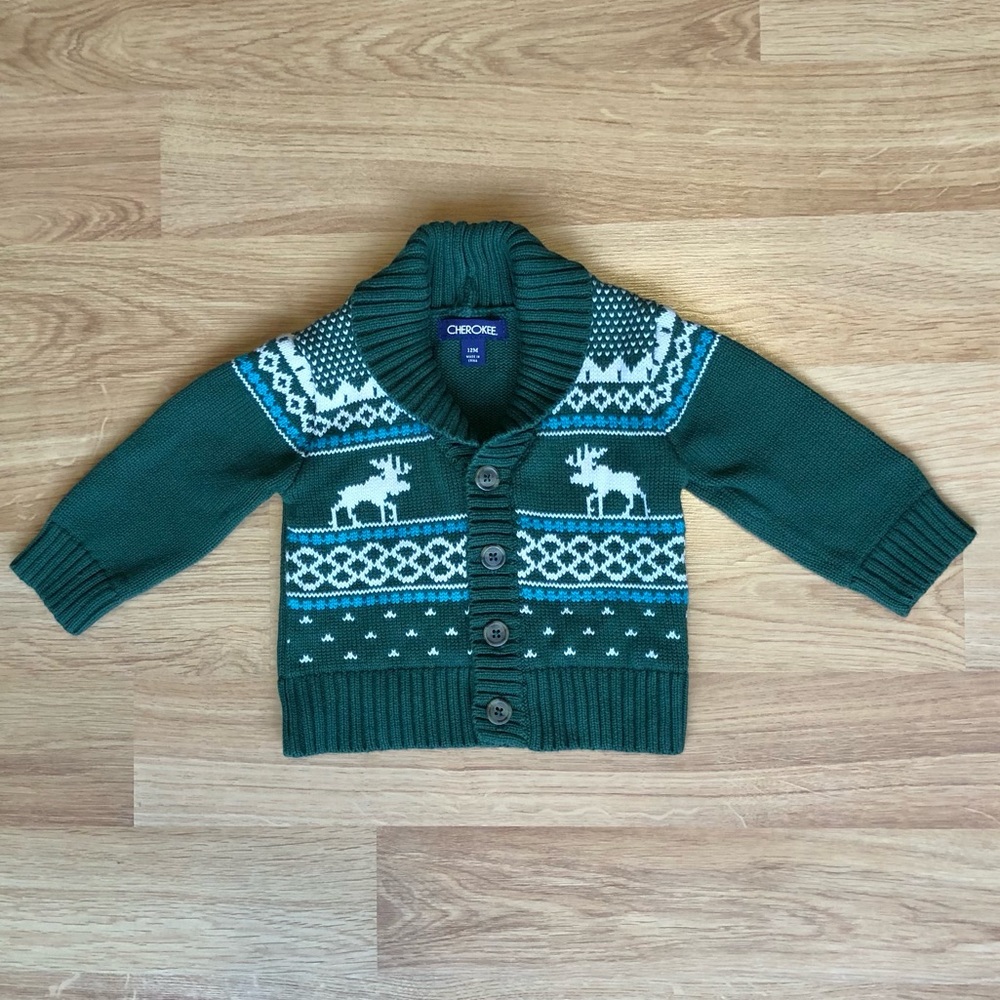 EUC Cherokee Baby Boy Sweater-Winter Print and Moose with Buttons